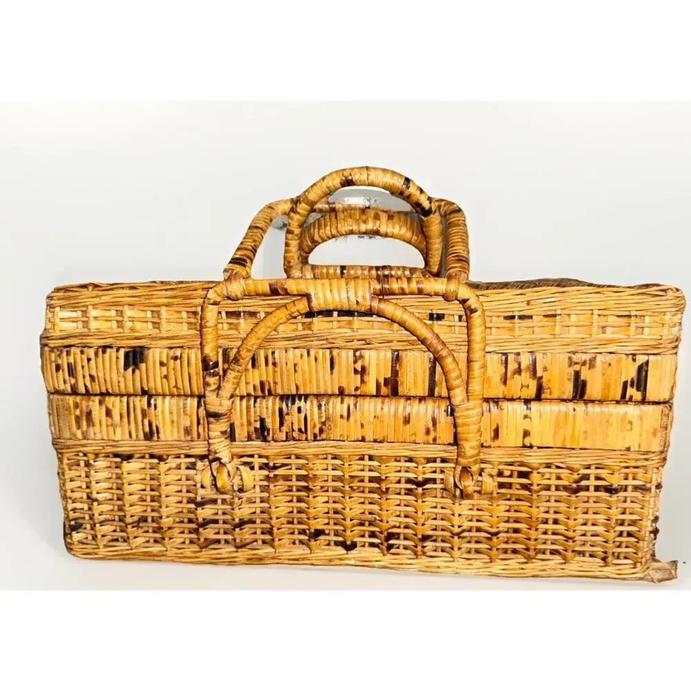 Natural Vintage Wicker Picnic Basket Folding Locking Handles 14x7.5x8 Boho